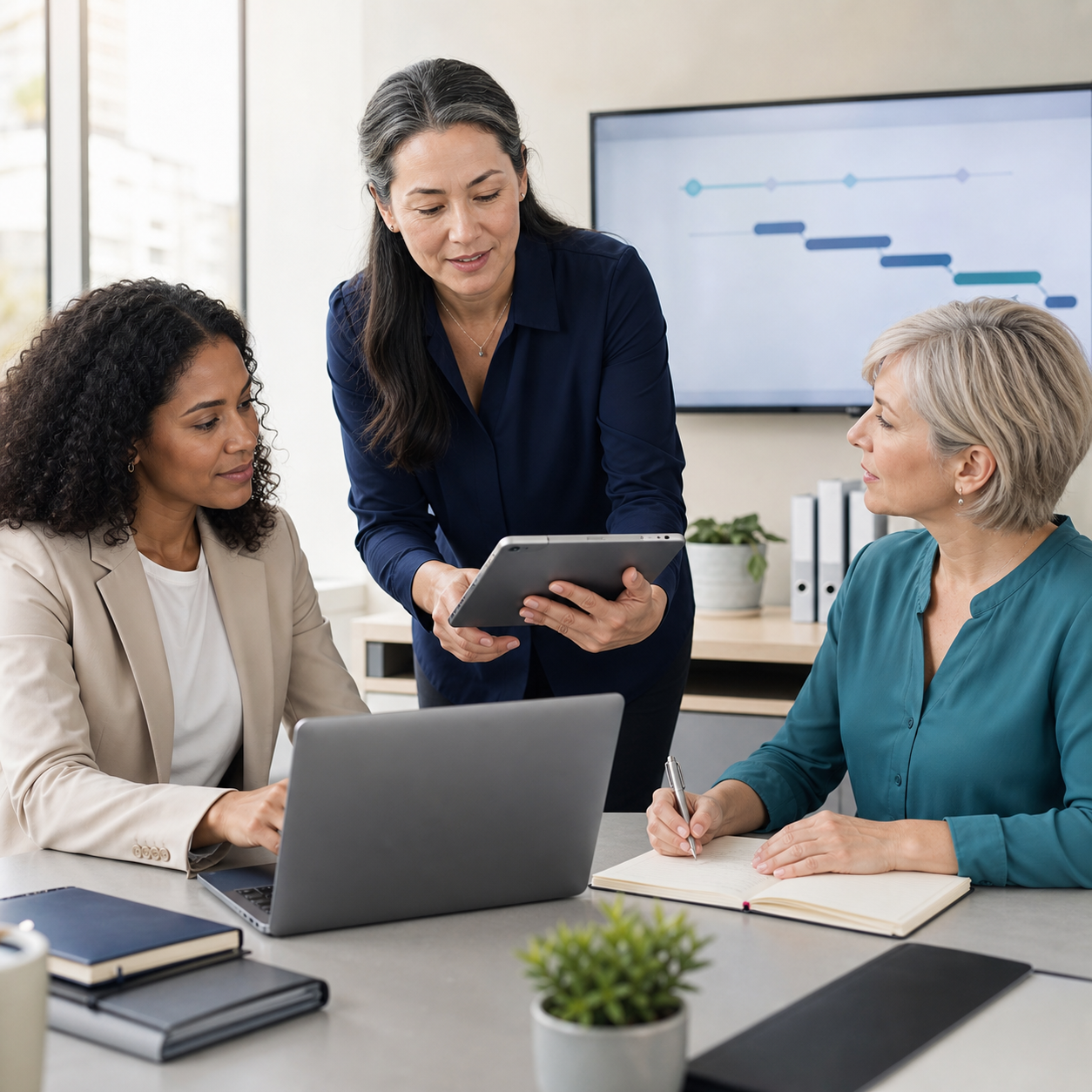 Three CRO professionals coordinating a study handoff across shared tools