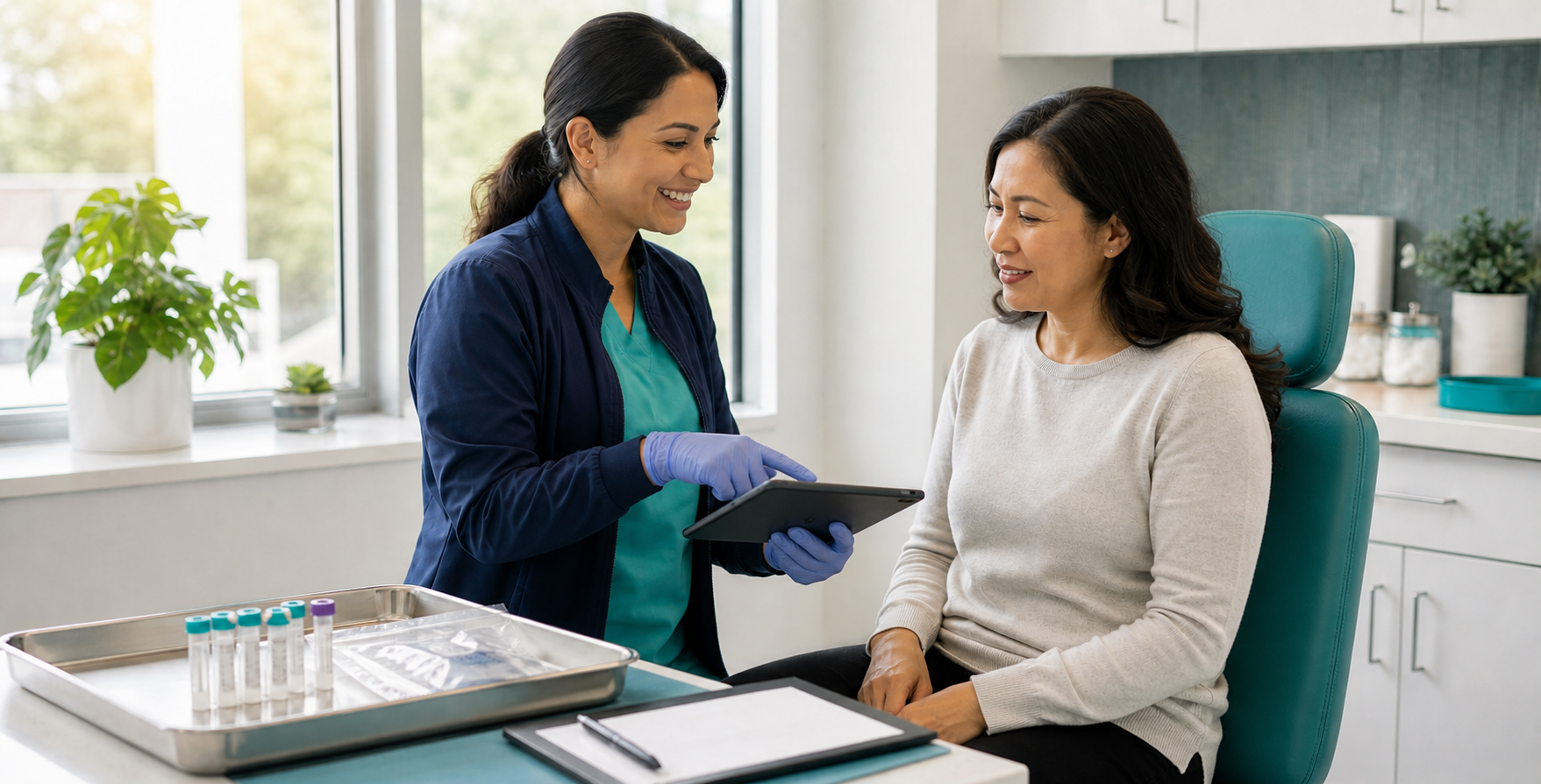 Clinical Research Coordinator reviewing study information with a patient and lab samples nearby