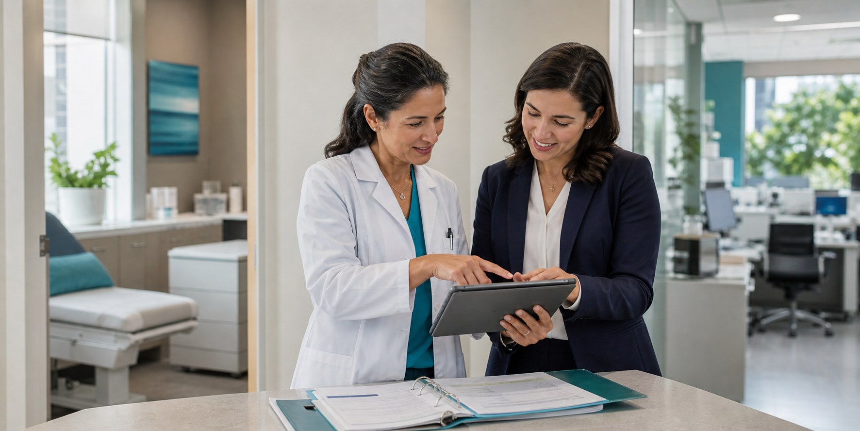 Primary Investigator and business professional collaborating at a clinical site