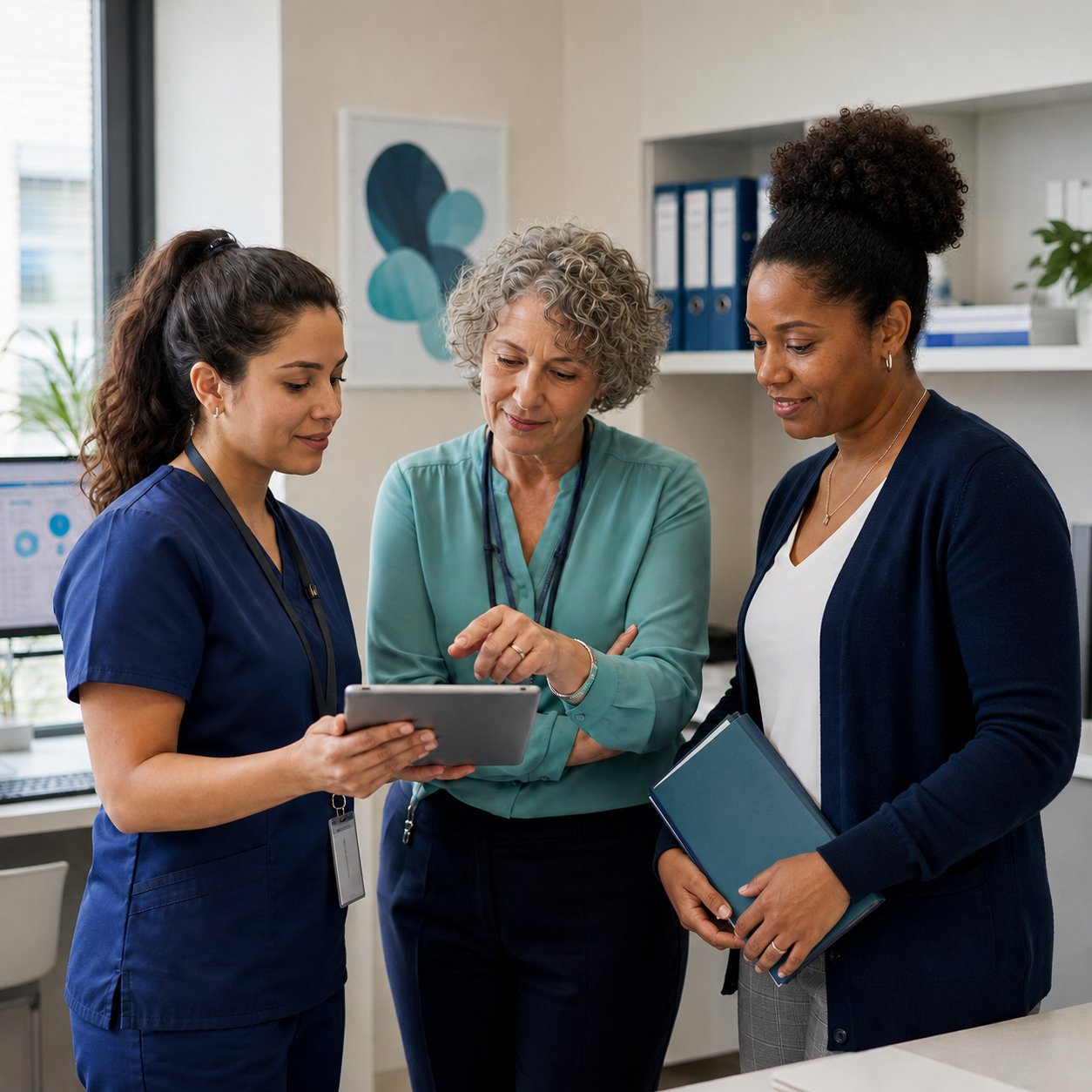 Three clinical research site professionals smiling as they review study information together